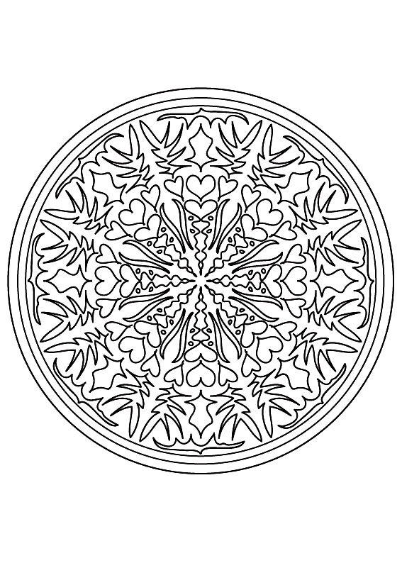 Simple Mandala drawing with heart and vegetal elements. Coloring for adults is about taking some time during your day to slow down and decompress : Prepare your pens and pencils to color this incredible and exclusive Mandala coloring page, special for lovers Flowers !